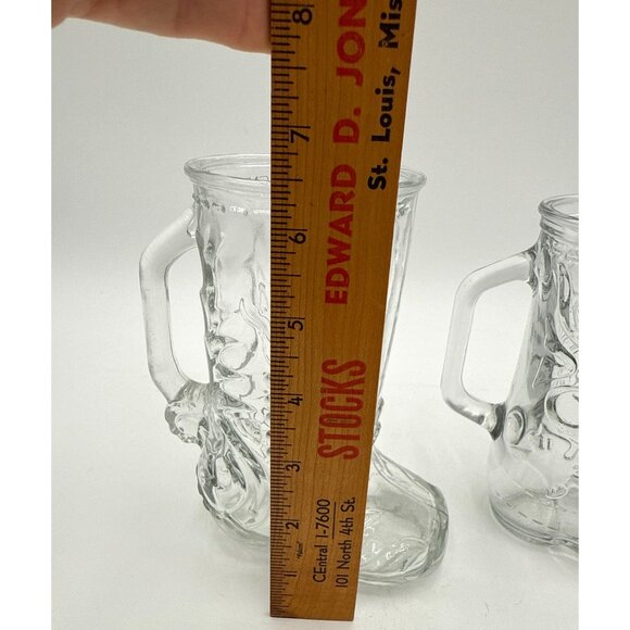 Vtg Glass Boot Mug Set Of 2 Made In Canada Embossed Design Clear Glass Cowboy - Picture 2 of 10